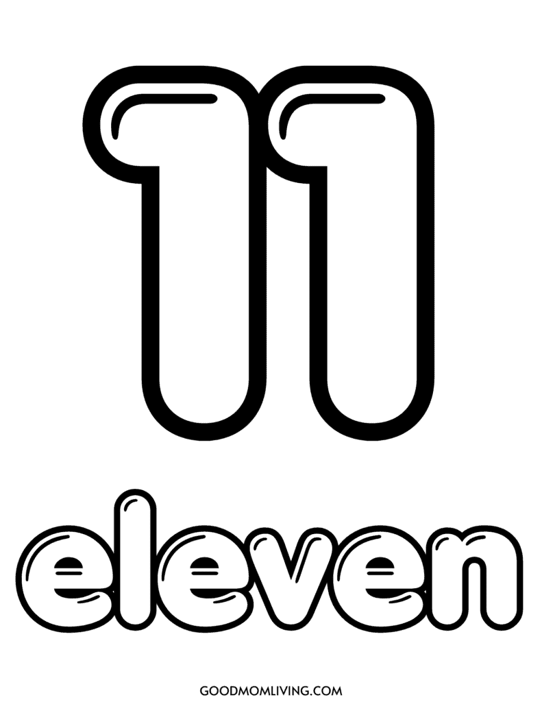 Bold, cartoon-style illustration of the number 11 with the word 'eleven' written below in bubble letters.