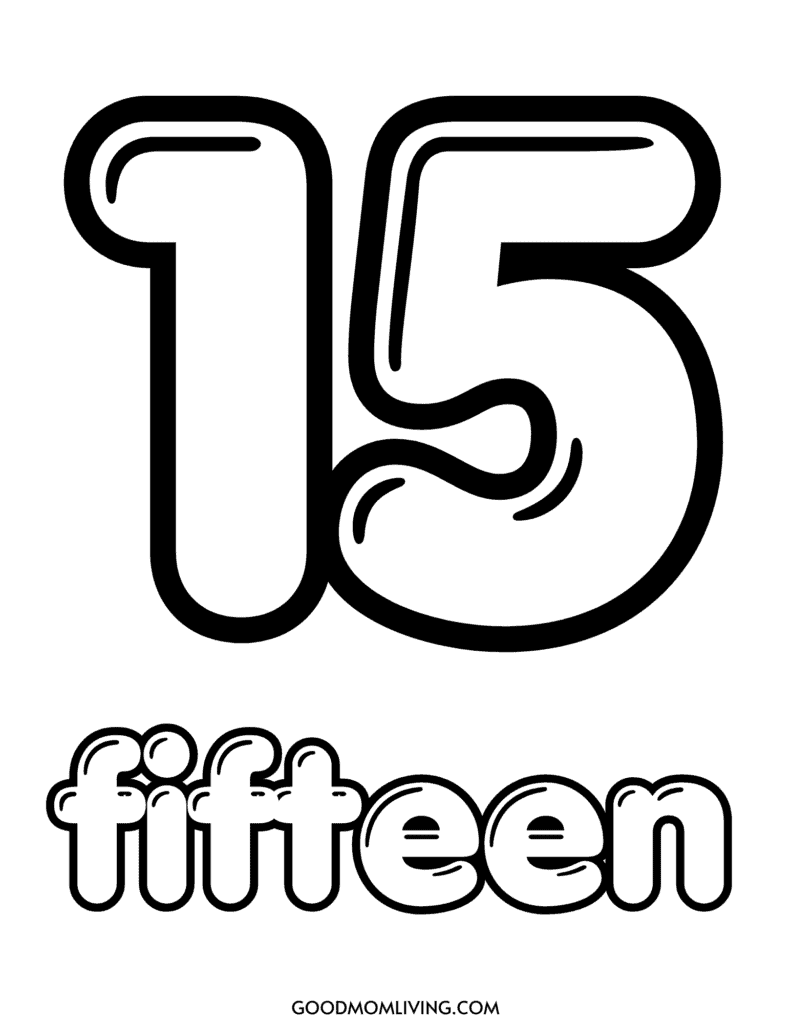 A bubble-style outline of the number 15 with the word "fifteen" written below it in a similar font.