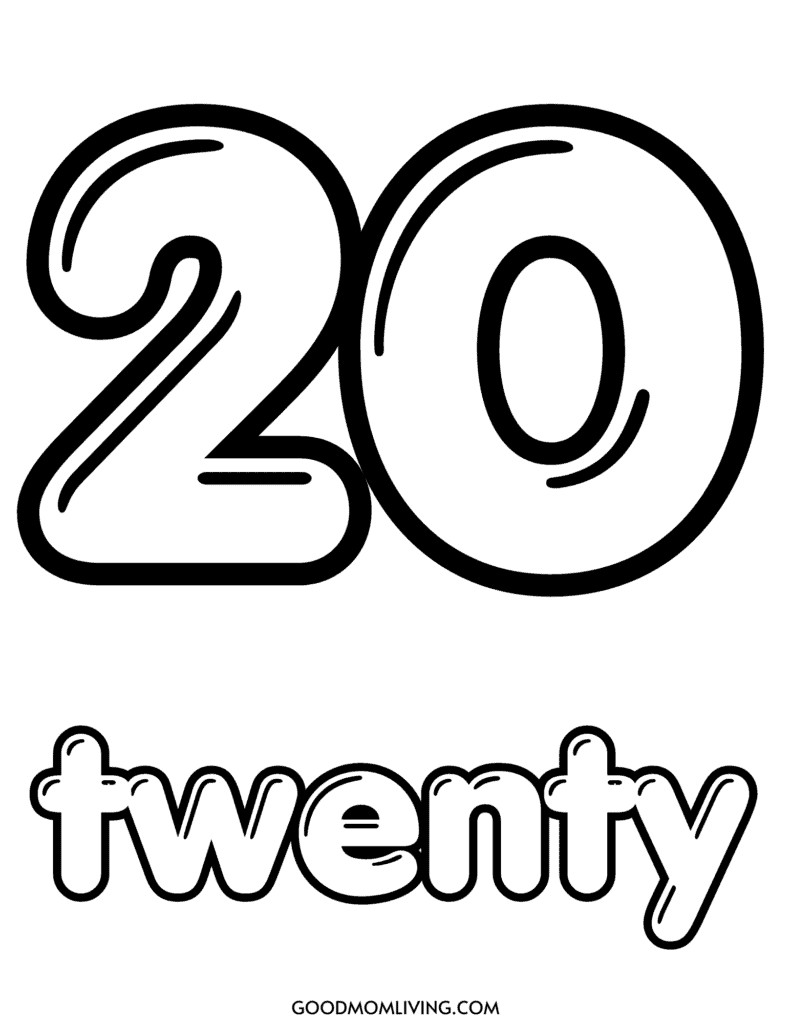 The image displays the number "20" in bold, black outline with the word "twenty" below it in a similar outline style, against a white background.