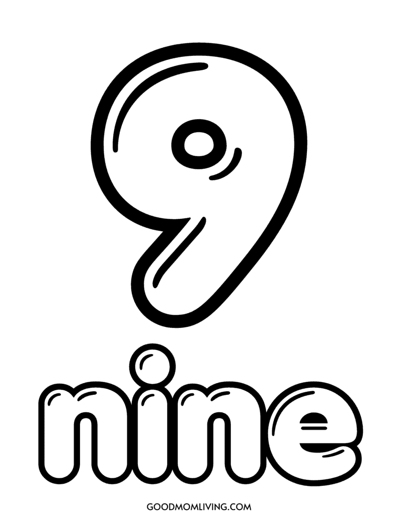 Black and white illustration of the number nine with the word "nine" written below in bubble letters.