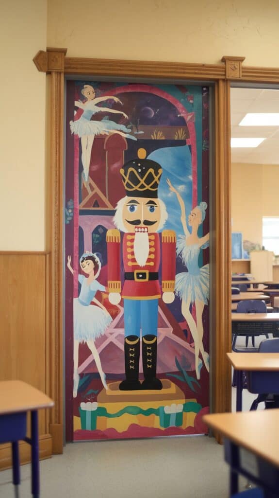 A classroom door decorated with a mural featuring a nutcracker figure and three ballet dancers in blue tutus, set against a vibrant, colorful background.