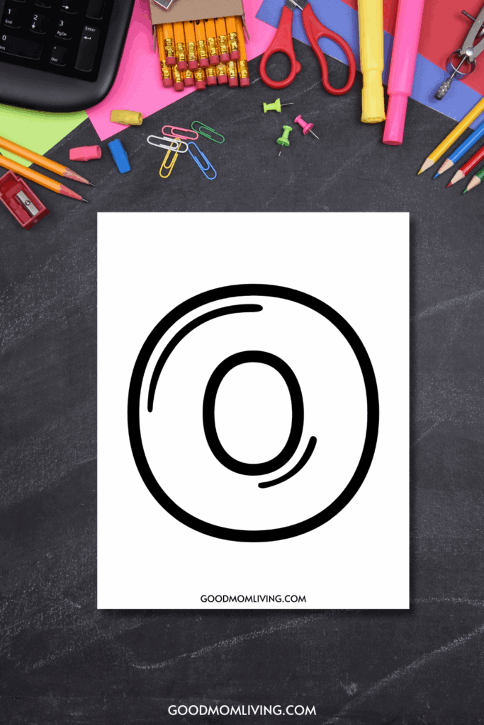 A black and white outline of the letter "O" on a sheet of paper, surrounded by colorful office and school supplies such as pencils, highlighters, and paper clips on a black chalkboard surface.