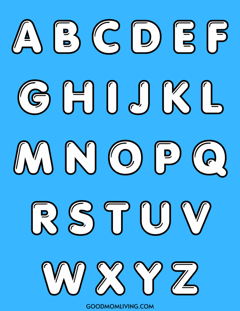 A stylized alphabet with bold, hollow letters outlined in black against a blue background, arranged in four rows from A to Z.
