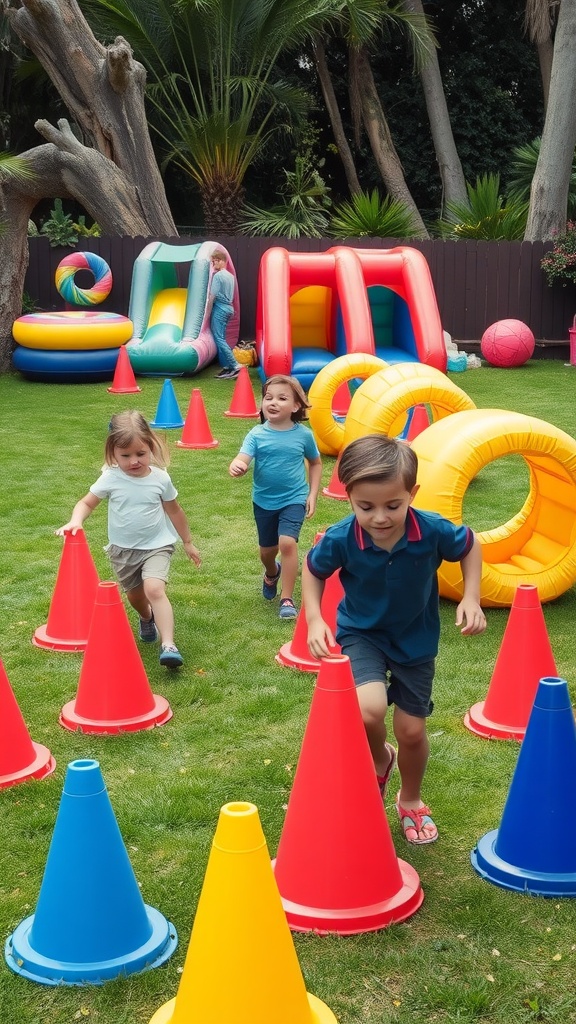 Children running through a colorful outdoor obstacle course with cones and inflatable slides.