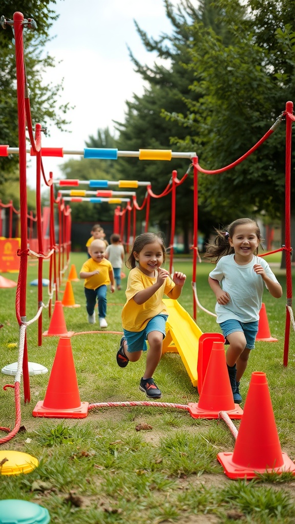 Children running through an obstacle course with cones and ropes