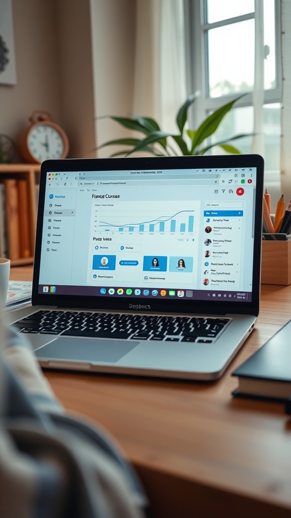 A laptop displaying an online course platform with charts and user profiles.