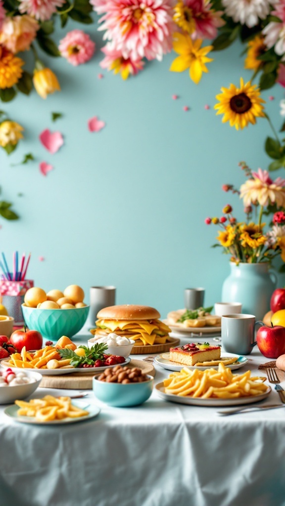 A vibrant table spread featuring burgers, fries, fresh fruit, and floral decorations for a teacher appreciation luncheon.