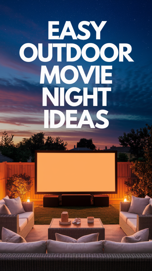 Outdoor seating area with cushioned sofas and a table facing a large movie screen in a backyard at dusk, with the text "Easy Outdoor Movie Night Ideas" overlaid at the top.