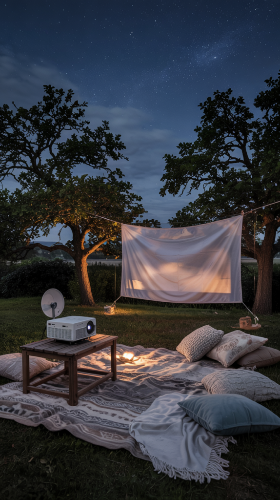 A cozy outdoor movie setup at night with a white sheet hung between trees serving as a screen, a projector on a table, and a blanket with pillows on the grass under a starry sky.