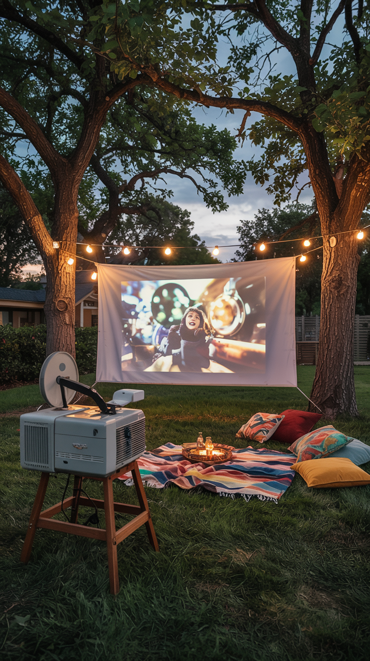 An outdoor movie setup featuring a white screen hung between two trees with string lights above. A vintage projector sits on a wooden stand, projecting a movie scene of a person on the screen. In front of the screen, colorful blankets and pillows are laid out on the grass with a tray of drinks and snacks.