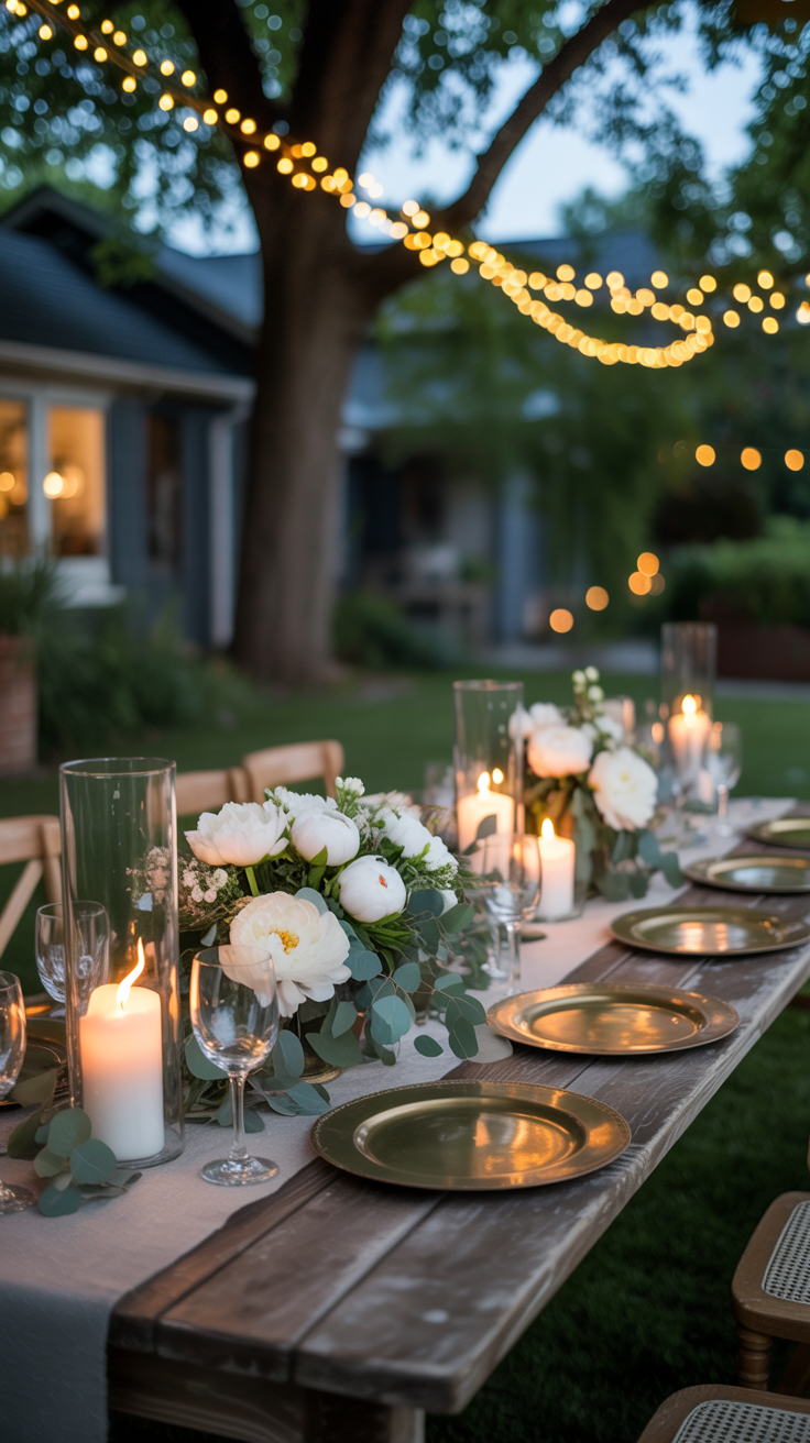An outdoor dining table decorated with white flowers, candles, and gold plates, set under string lights in a garden.