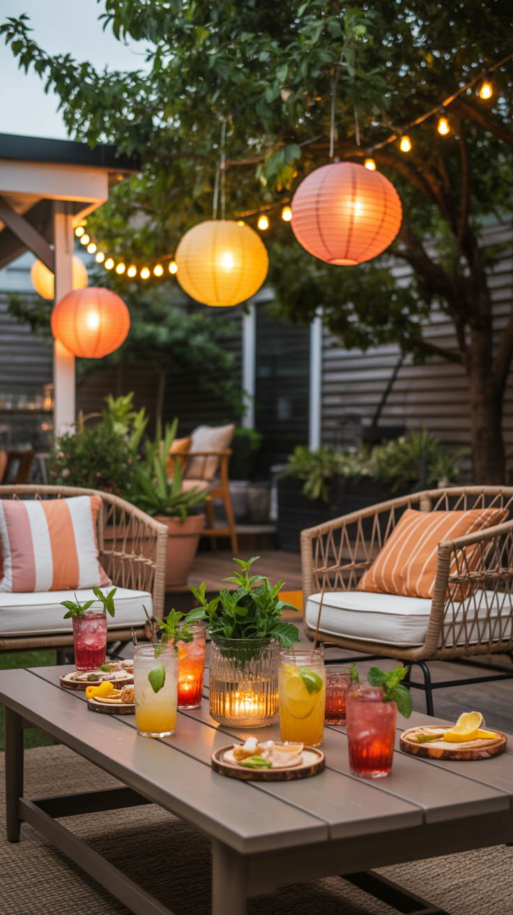 A cozy outdoor patio with rattan chairs and a table set with colorful drinks and snacks, surrounded by hanging lanterns and plants.