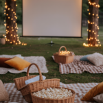 Outdoor movie setup with a projector screen, picnic blankets, baskets of popcorn, and string lights wrapped around trees.