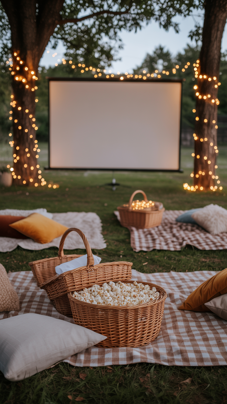 Outdoor movie setup with a projector screen, picnic blankets, baskets of popcorn, and string lights wrapped around trees.