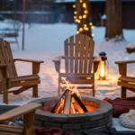 A cozy outdoor setting with a fire pit surrounded by Adirondack chairs, blankets, and string lights, all set against a snowy backdrop.