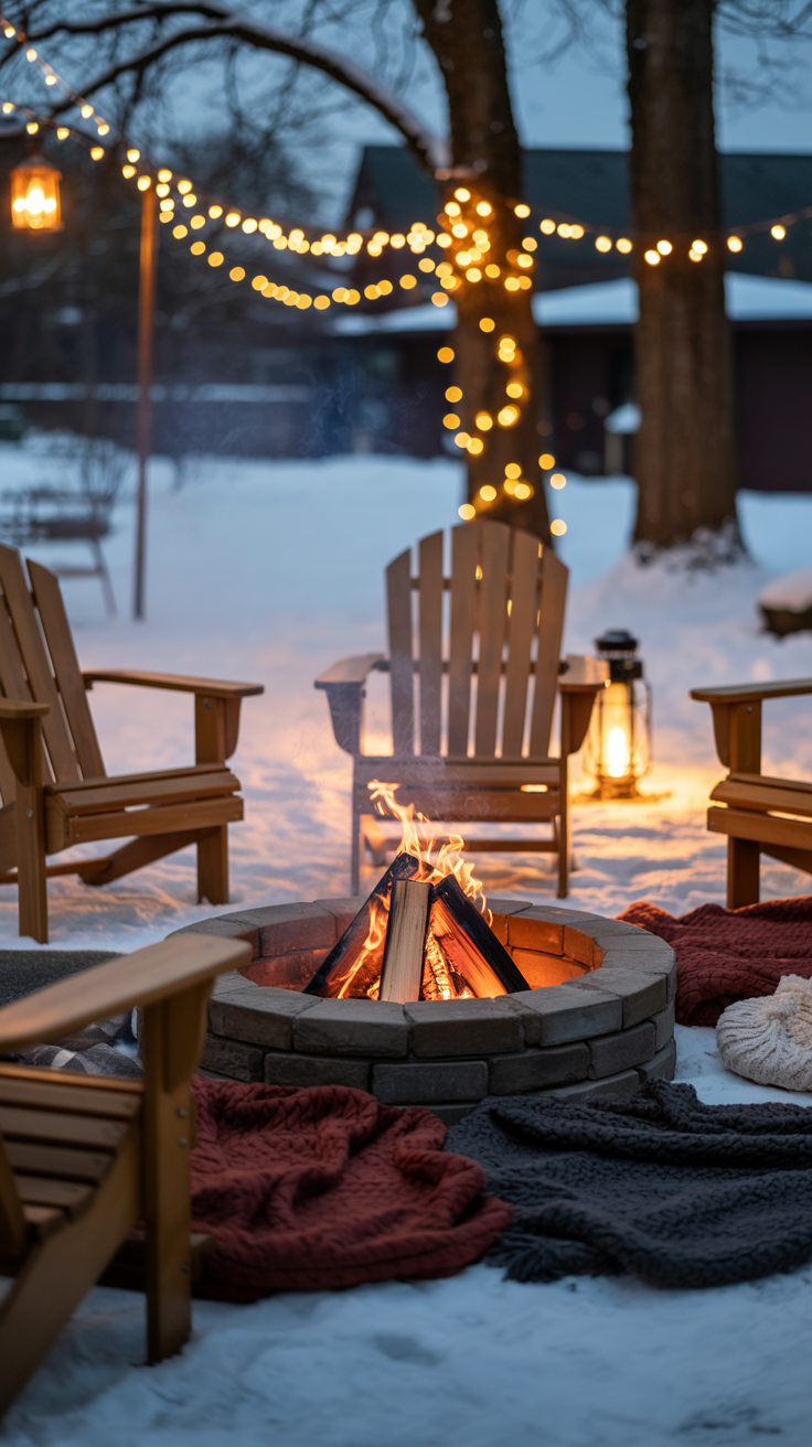 A cozy outdoor setting with a fire pit surrounded by Adirondack chairs, blankets, and string lights, all set against a snowy backdrop.