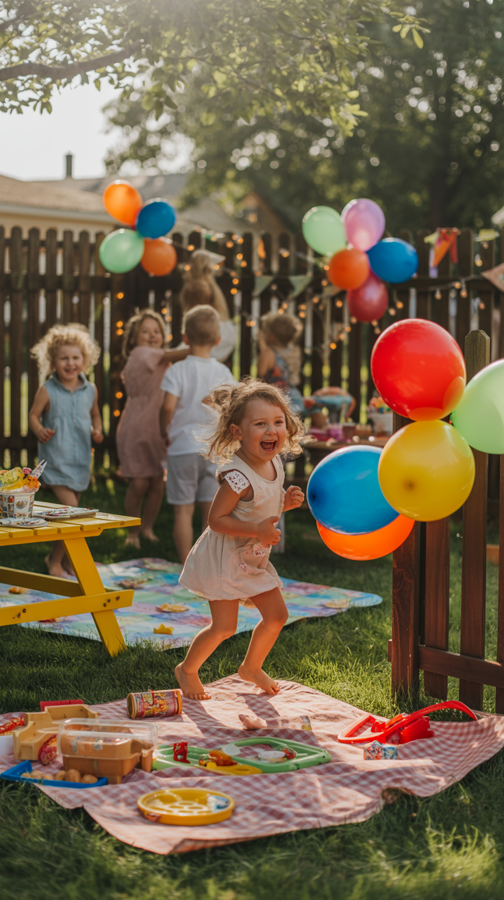 A young girl joyfully runs in a backyard decorated with colorful balloons, while other children play nearby.