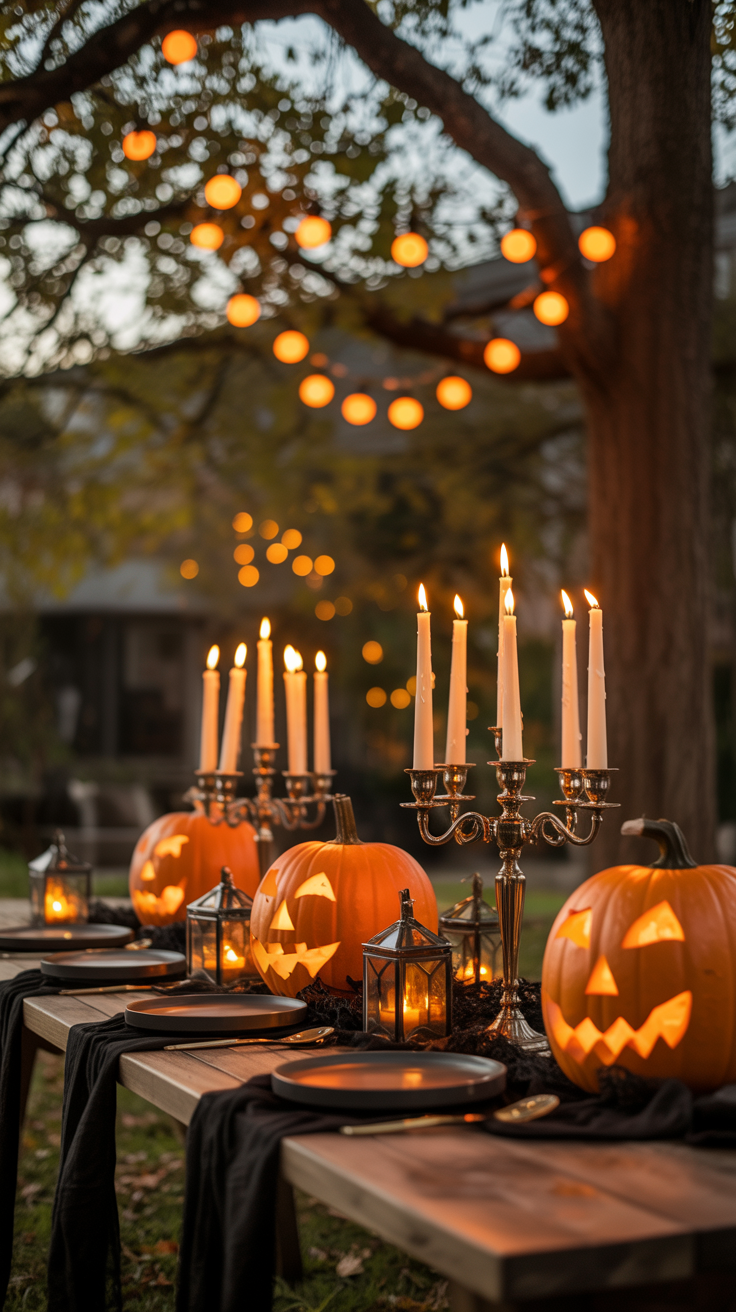 A festive outdoor Halloween table setting with carved pumpkins, candelabras, and string lights hanging from a tree.