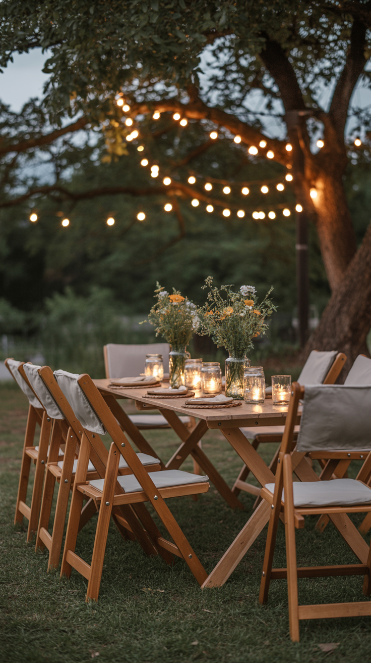 Outdoor table set with candles and flowers, surrounded by wooden chairs, beneath a tree with string lights.