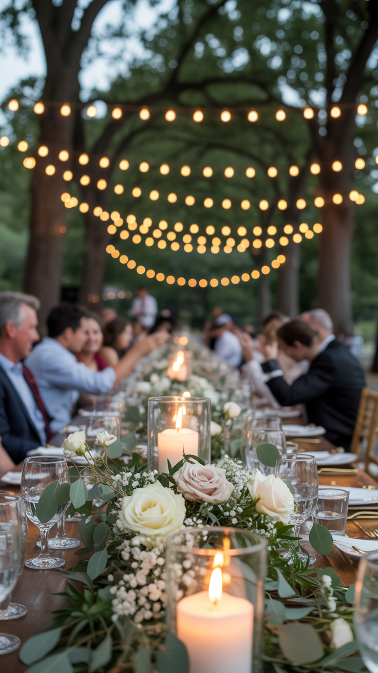 A long outdoor dining table set for an event, adorned with candles, flowers, and string lights, surrounded by seated guests.