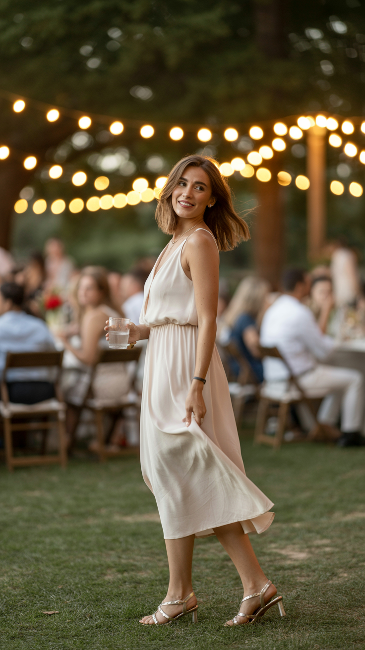 A woman in a light dress holding a drink, standing outdoors at an event with string lights and people seated in the background.