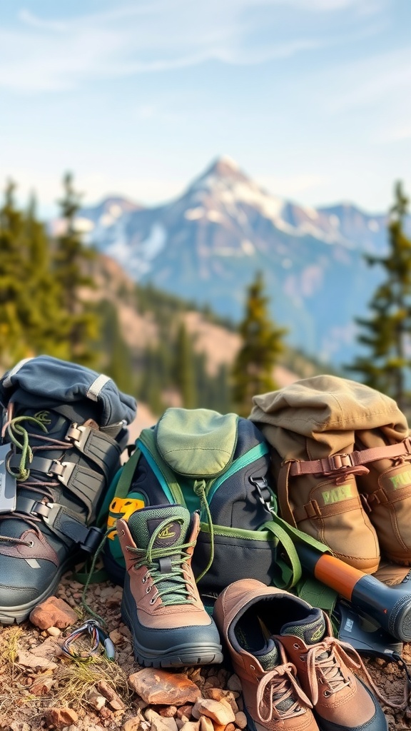 Outdoor gear including hiking boots, a backpack, and a flashlight against a mountain backdrop