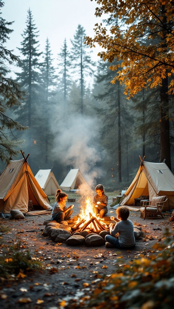 Children gathered around a campfire with tents nearby in a forest setting.