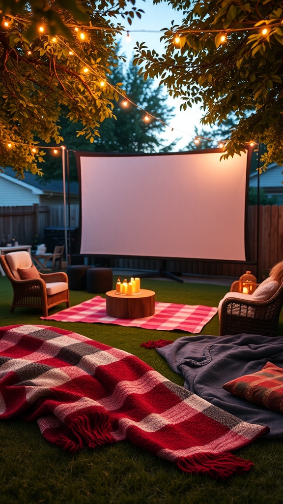 Outdoor movie setup with a large screen, string lights, blankets, and wicker chairs in a garden setting.