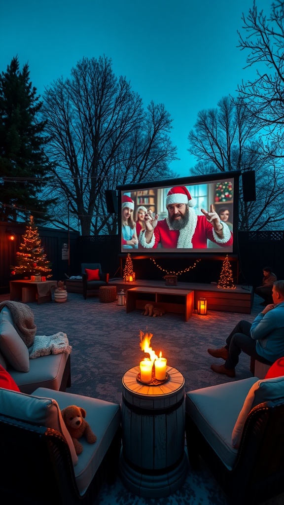Outdoor scene at twilight with people seated around a small fire pit, watching a Christmas movie on a large outdoor screen. The area is decorated with Christmas lights and trees, creating a festive atmosphere.