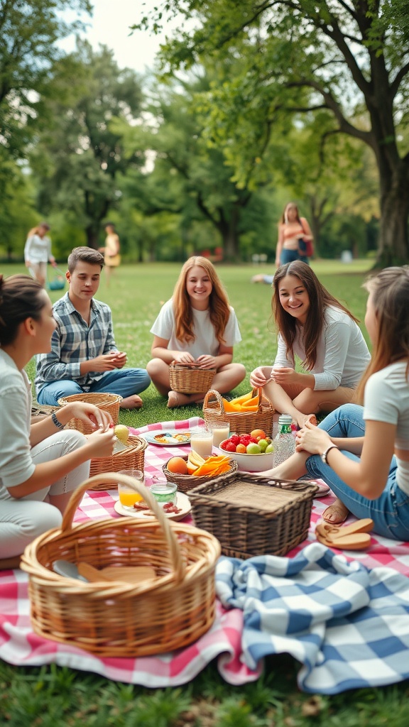 A group of teenagers enjoying a picnic outdoors with baskets of food.