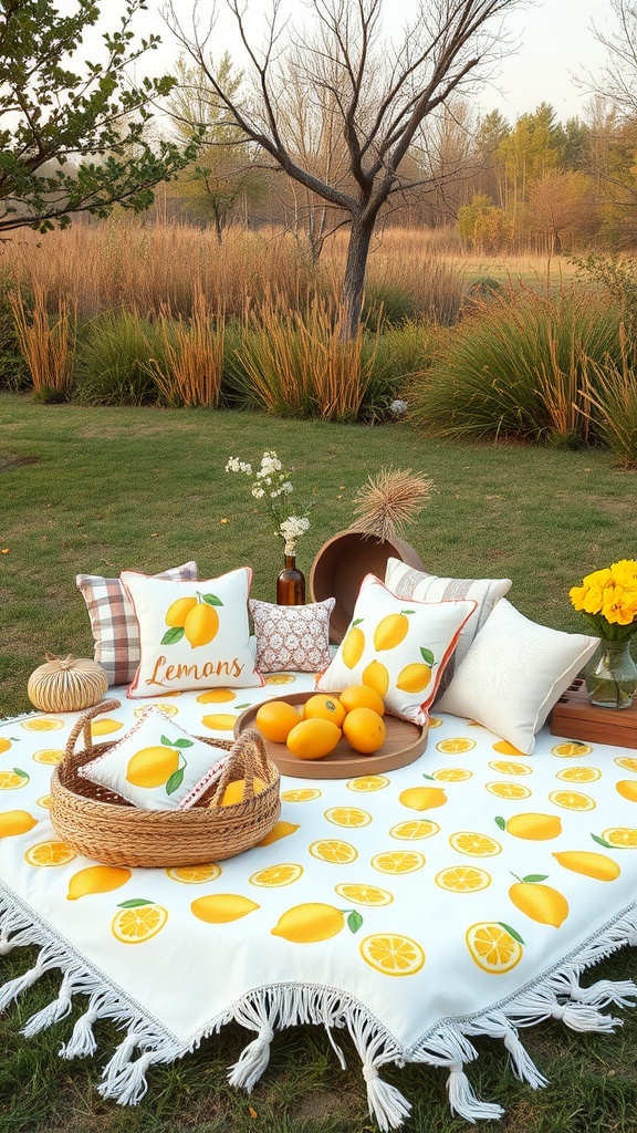 Picnic setup with a lemon-themed blanket and pillows on grass, surrounded by rustic baskets, fresh lemons, and flowers, with tall grasses and trees in the background.