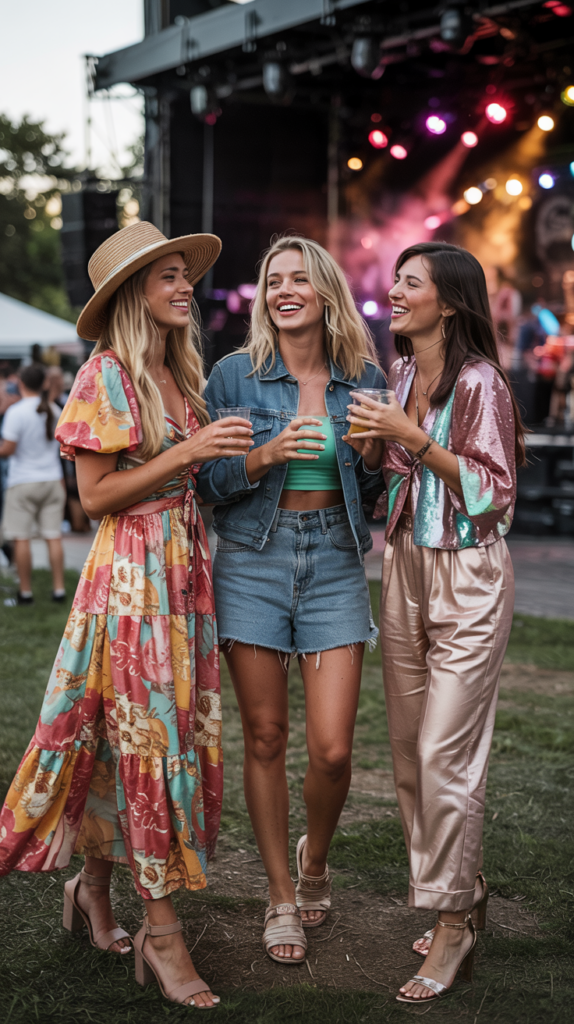 Three women are laughing and holding drinks at an outdoor music festival. They are dressed in stylish summer outfits, one in a floral dress with a straw hat, another in denim shorts and a jacket, and the third in shiny pink trousers and a sequin top. Colorful stage lights and a band performing are visible in the background.