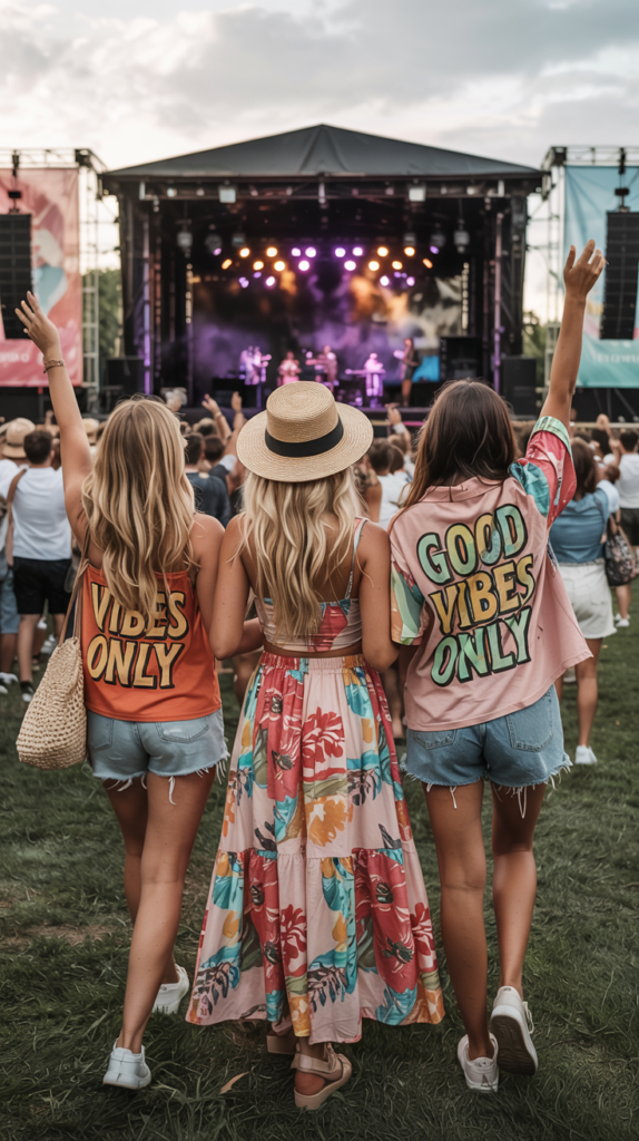 Three young women with their backs to the camera, wearing summer outfits and shirts with positive messages, stand in a grassy field facing a music stage during a concert.