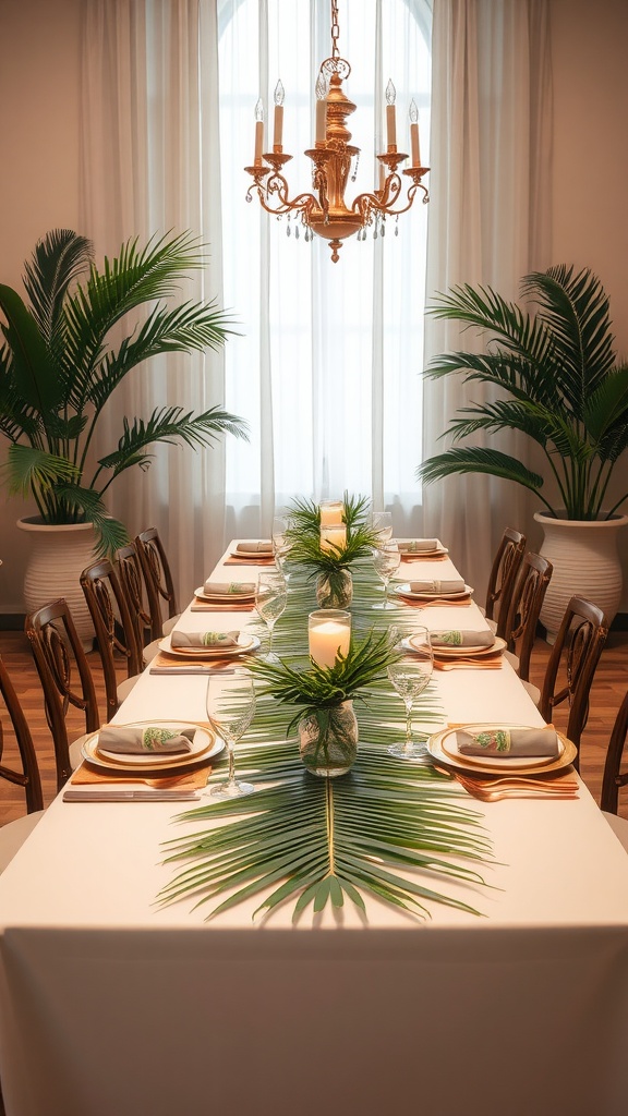 Elegant dining table setting with a white tablecloth, tropical leaf runner, and glass vases holding candles and greenery, surrounded by wooden chairs and large potted palms, under a gold chandelier in a room with sheer curtains.