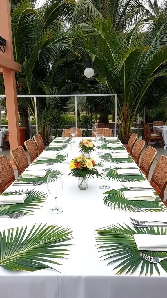 A long dining table set outdoors with a white tablecloth, tropical leaves as place mats, a floral centerpiece, and rows of chairs on each side, surrounded by lush green palm trees.