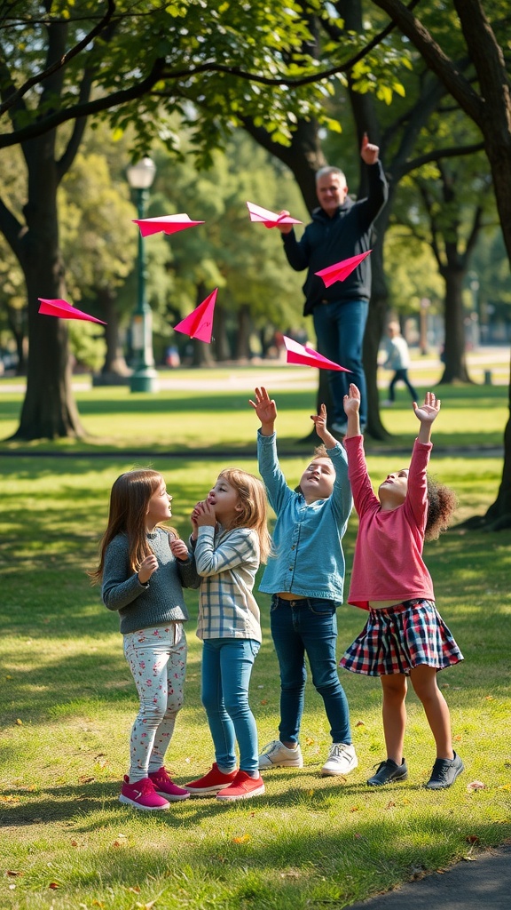 Children participating in a paper airplane contest in a park.