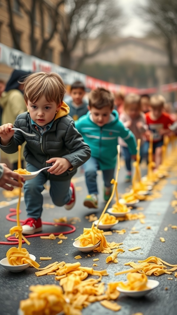 Kids participating in a Pasta Relay Race, balancing pasta on spoons while running.