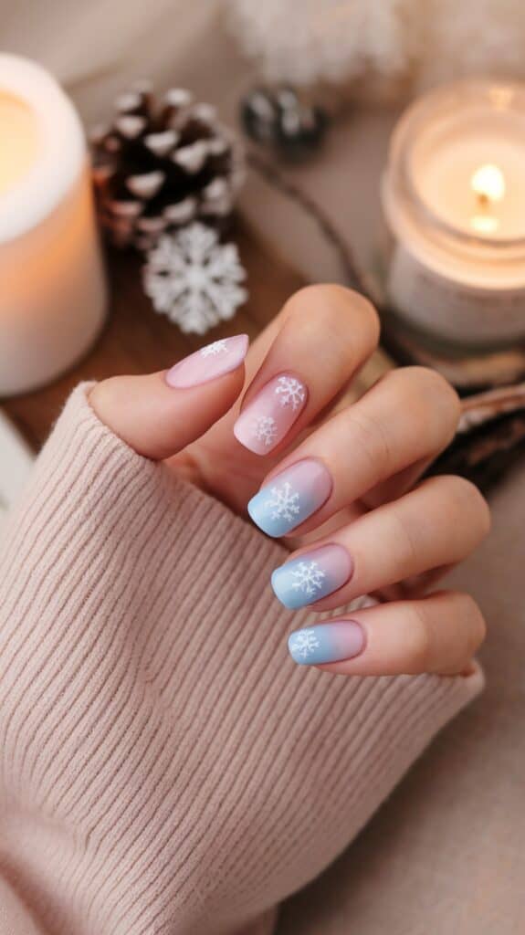 A hand with pastel pink and blue ombre nail polish featuring delicate white snowflake designs, next to a candle, pinecone, and winter decor.