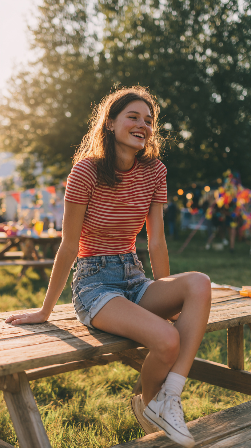 Patriotic Denim Shorts with Striped Top - Image 2