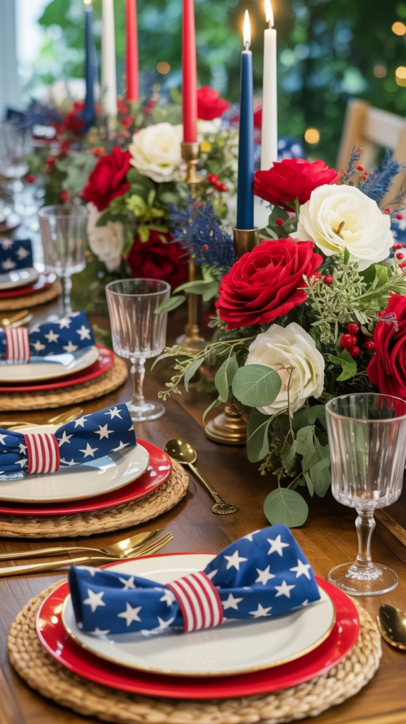 Festive table setting with star-patterned napkins, red plates, and a centerpiece of red, white, and blue flowers with tall candles.