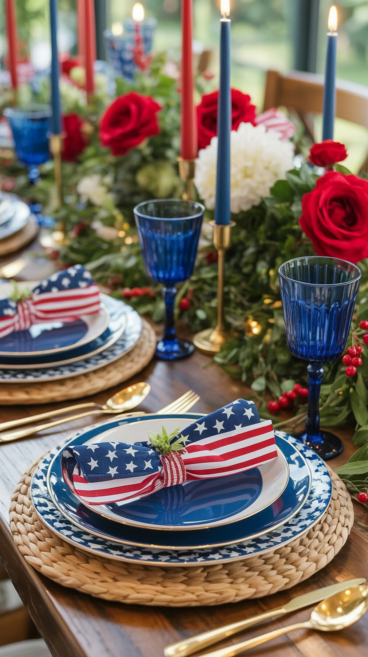 A festive table setting with American flag-themed napkins, blue plates, and red, white, and blue decorations, including roses and candles.