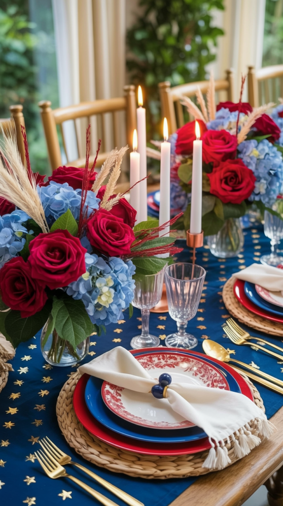 A festively decorated dining table with red roses and blue hydrangeas, gold cutlery, and lit white candles.