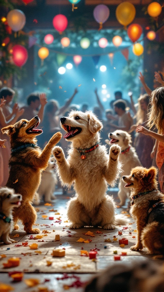 A colorful birthday party scene with dogs and balloons, showcasing a joyful atmosphere