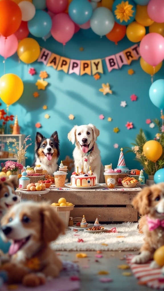 A festive dog-themed birthday party with balloons, banners, and a table filled with dog treats and decorations.