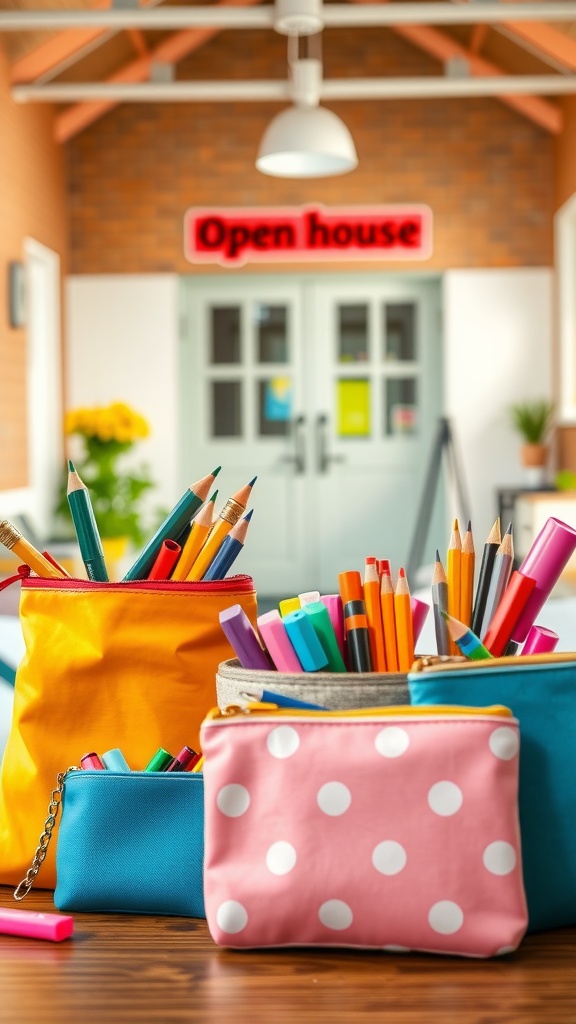 Colorful pencil cases filled with pencils and markers are placed on a table, with a blurred background featuring a school setting and a sign that reads 'Open house.'