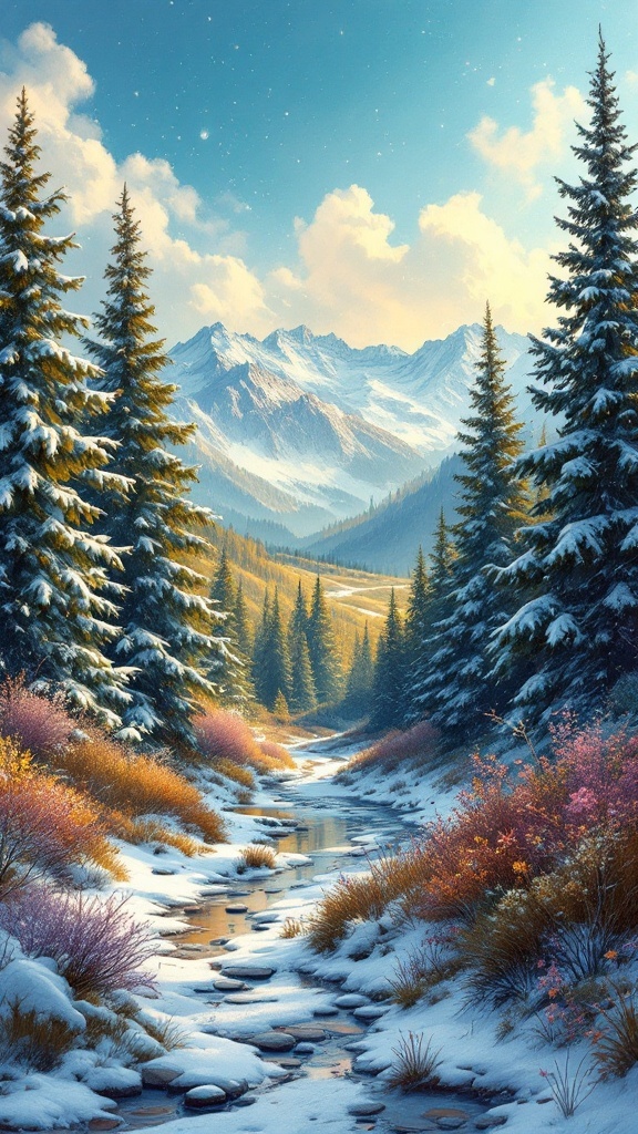 A serene landscape featuring snowy mountains and pine trees, reflecting a peaceful and inspiring environment.