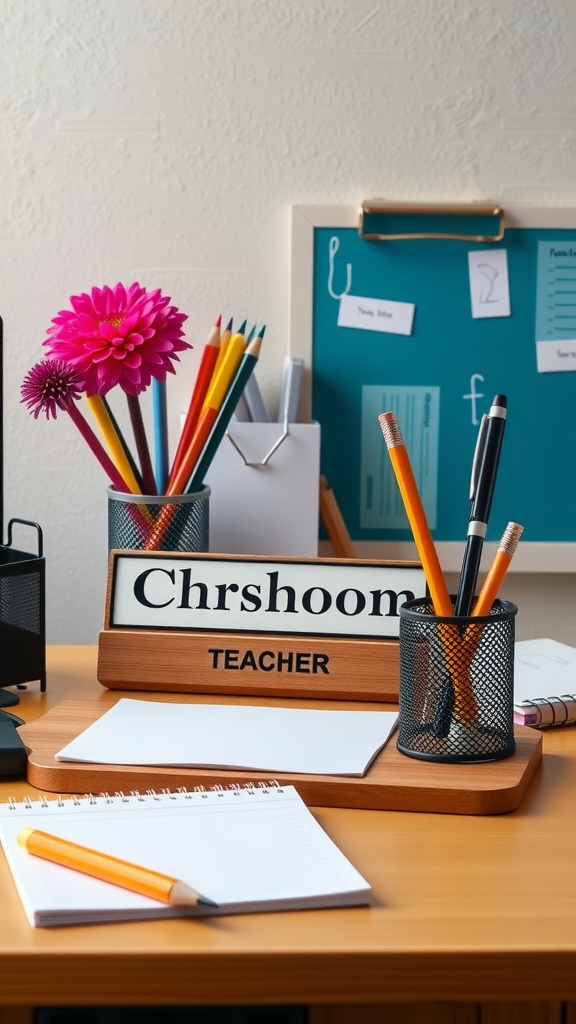 A personalized desk setup for a teacher featuring a nameplate, colorful pens, and a flower.