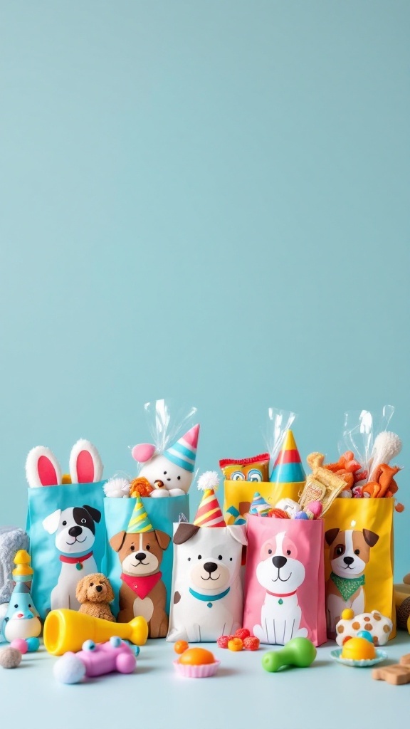 Colorful dog-themed party favor bags filled with toys and treats.