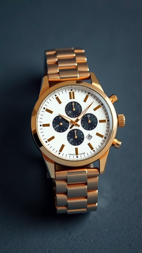 Gold wristwatch with a white face and three sub-dials, featuring a date window and a link bracelet, set against a dark background.