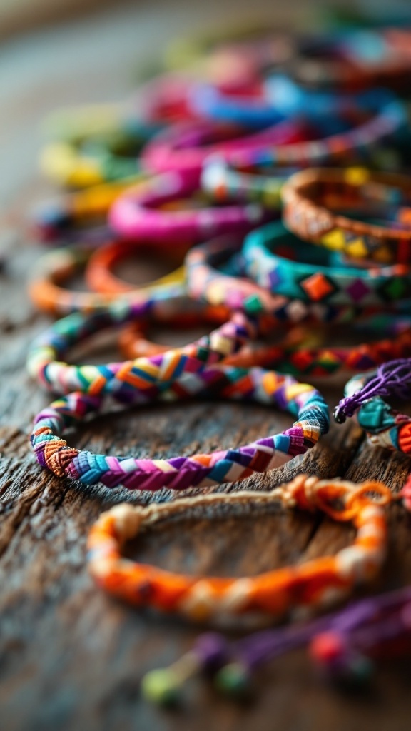 Colorful friendship bracelets laid out on a wooden surface.